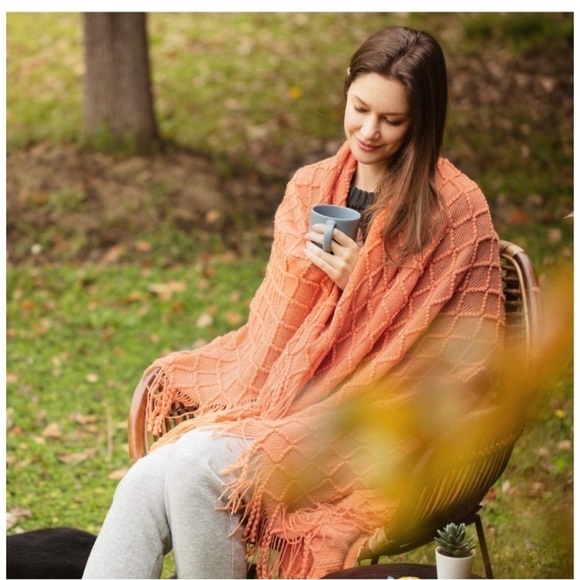 Orange/Coral Bohemian Tassel Knit Throw Cozy Fringe Patterned Farmhouse Blanket - Picture 4 of 16